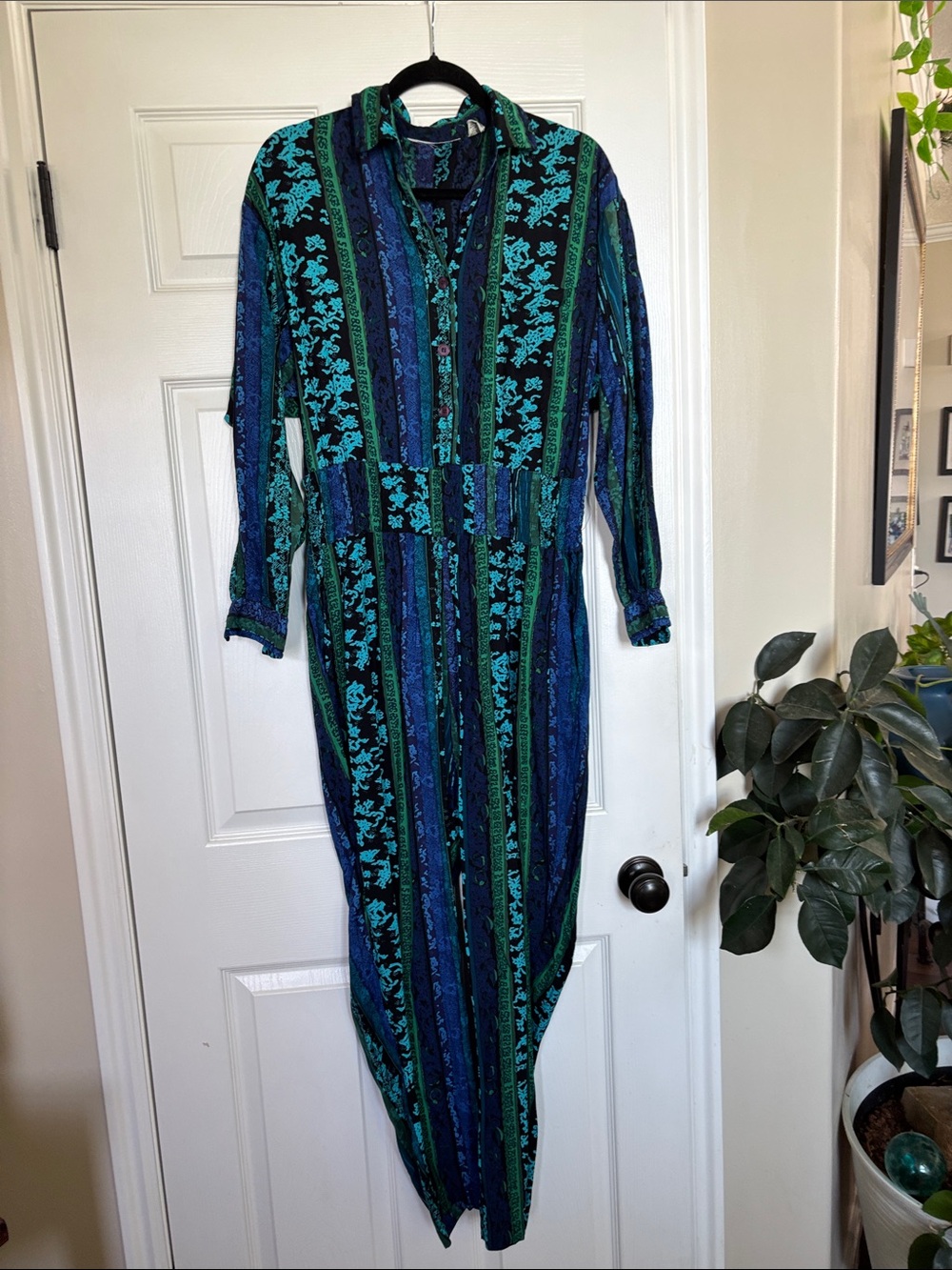 Vintage 90’s Long Sleeve Striped Blue-Green Jumpsuit